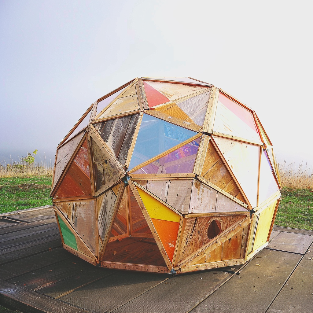 Une cabane-dôme en bois colorée